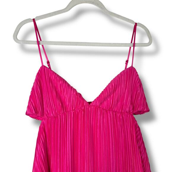 Lulus Sleek Dedication Hot Pink Satin Plisse Pleated Cutout Tiered Mini Dress XL - Picture 5 of 10